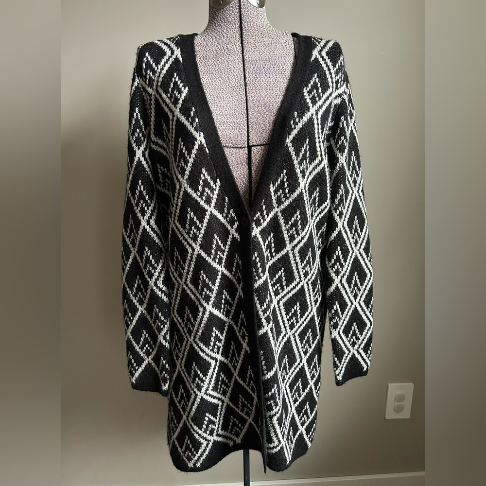 Wool blend Kaffe Black and White Diamond Pattern single button Cardigan classic - Picture 4 of 9